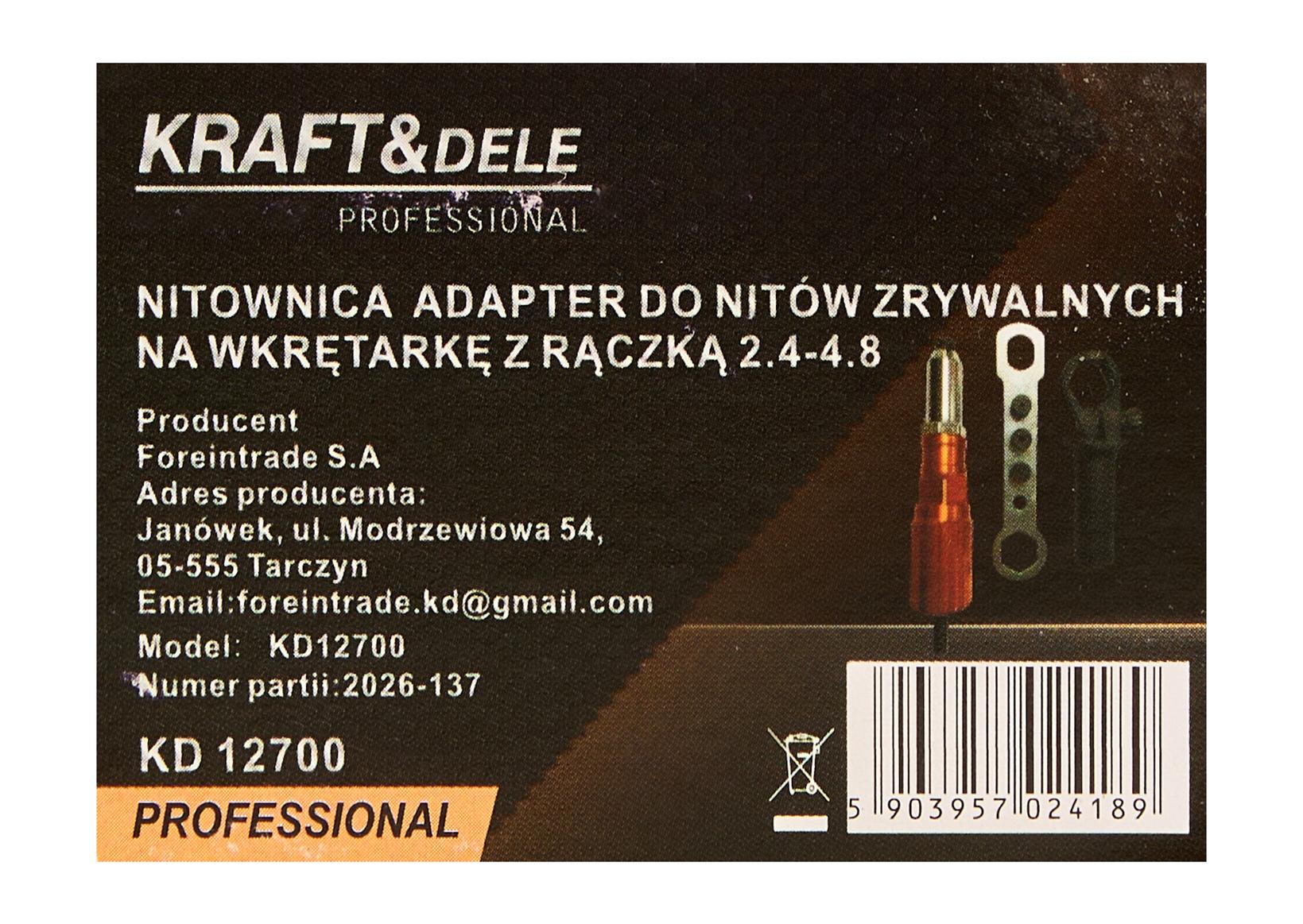 Adapter nitovne kliješta za zakovice za bušilicu/odvijač s ručkom KD12700 (2,4–4,8 mm)