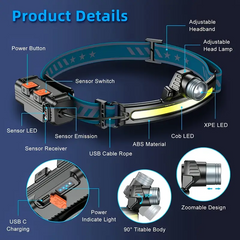 Several led svjetiljka za glavu – USB punjenje i senzor pokreta