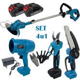 Aku set 4u1 - Snažne škare, puhač, trimer i pila